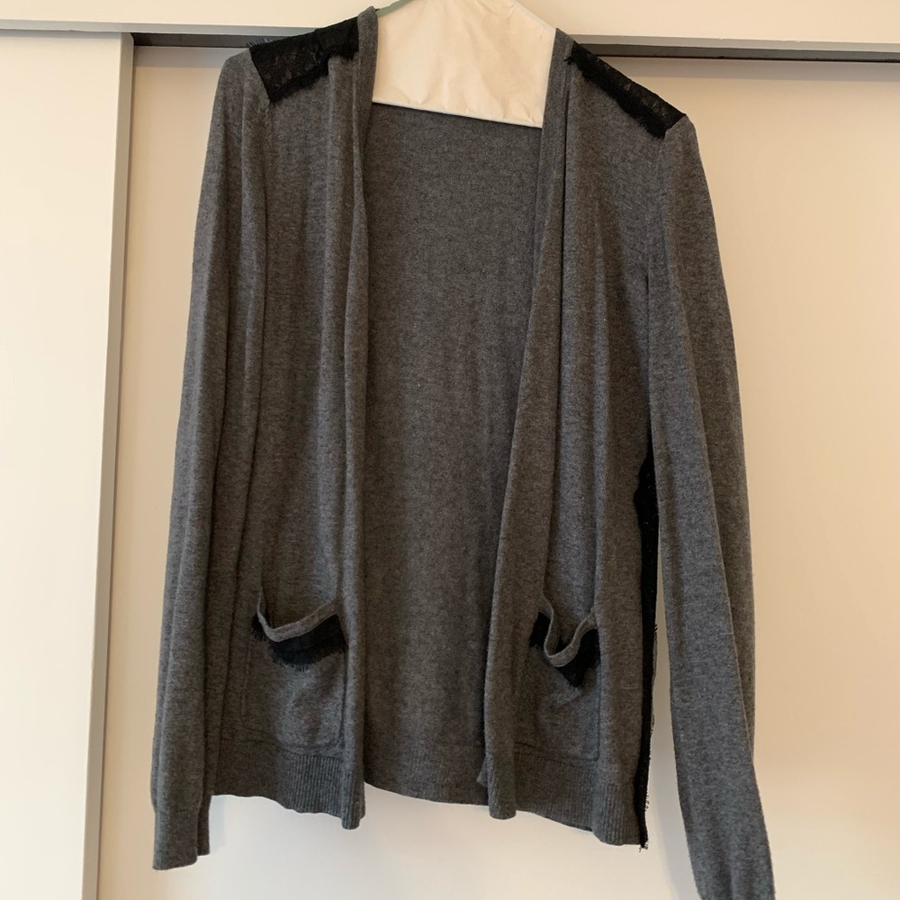 Grey Cardigan Sweater with Black Lace Detail - Small